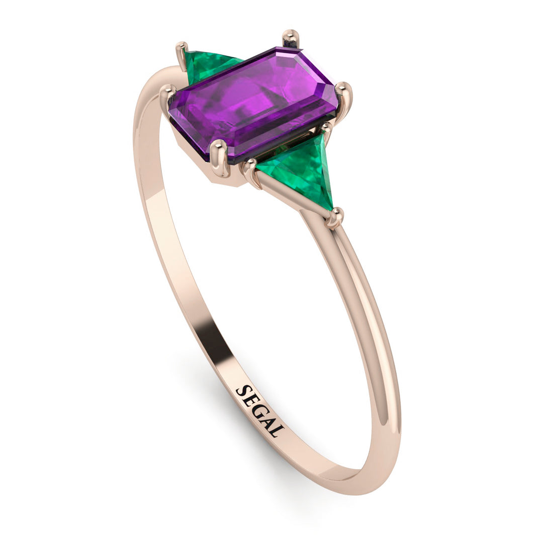 Emerald Cut Amethyst With Triangles Ring - Remi No. 305