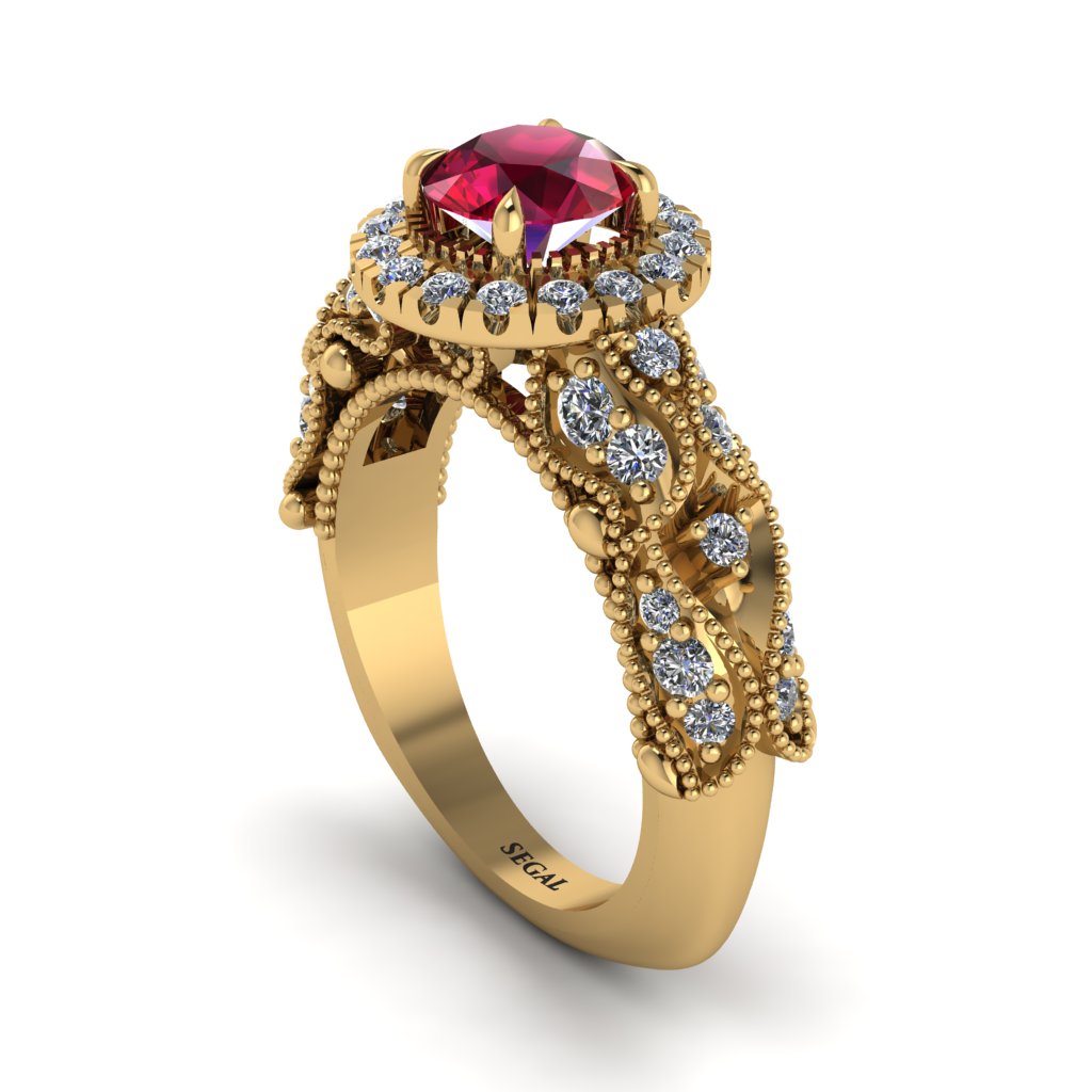 Exclusive Halo Ruby Milgrain Engagement Ring - Kendra No. 10