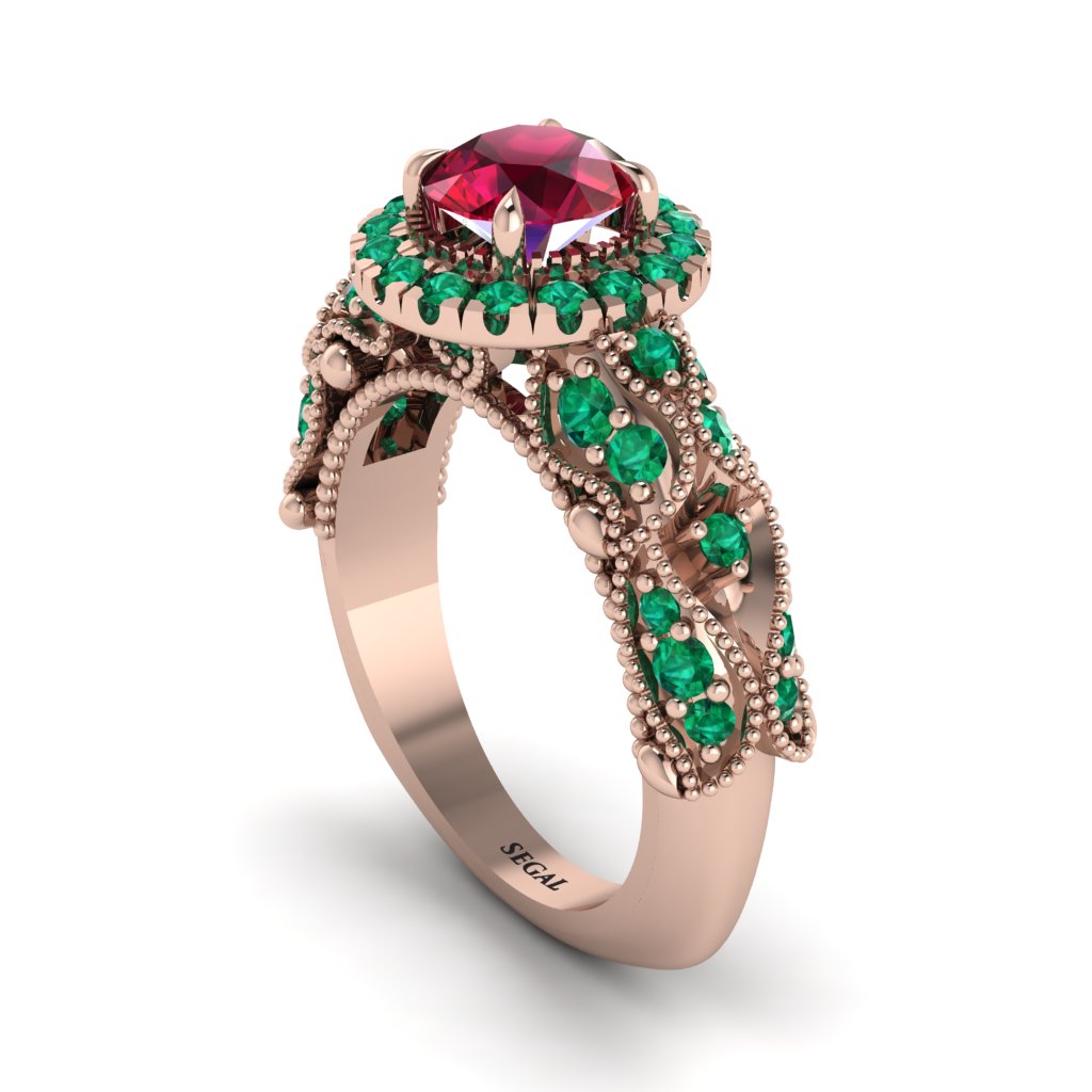 Exclusive Halo Ruby Milgrain Engagement Ring - Kendra No. 26