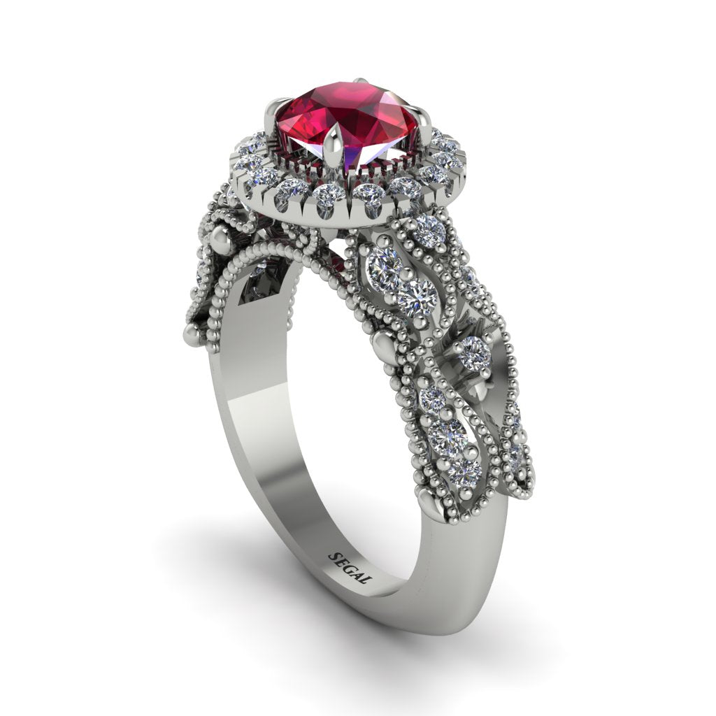 Exclusive Halo Ruby Milgrain Engagement Ring - Kendra No. 12