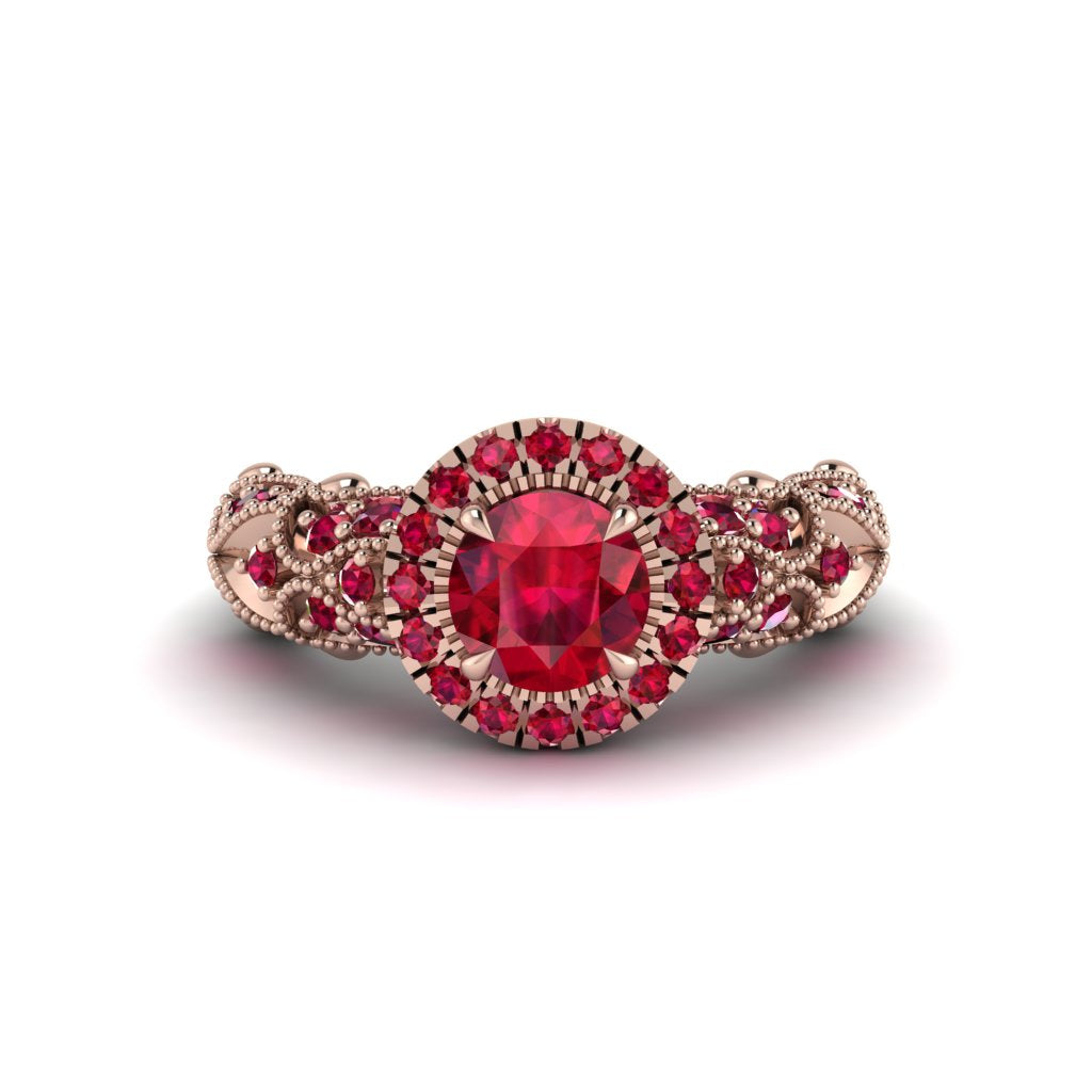 Exclusive Halo Ruby Milgrain Engagement Ring - Kendra No. 56