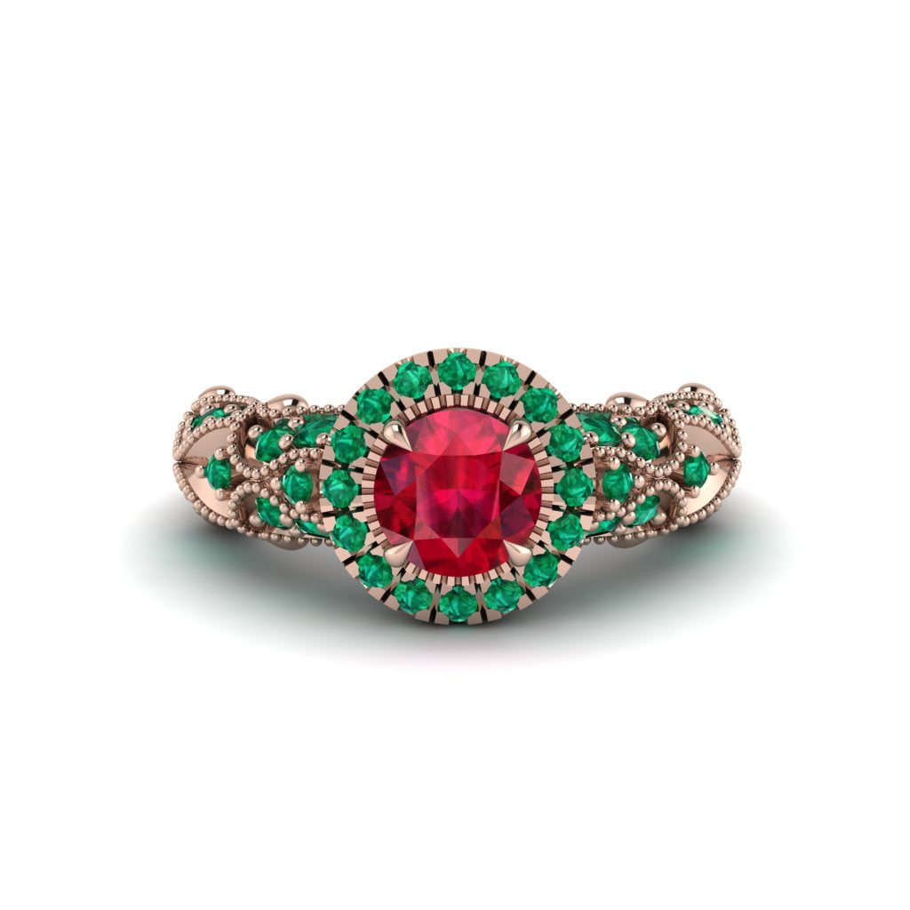 Exclusive Halo Ruby Milgrain Engagement Ring - Kendra No. 26