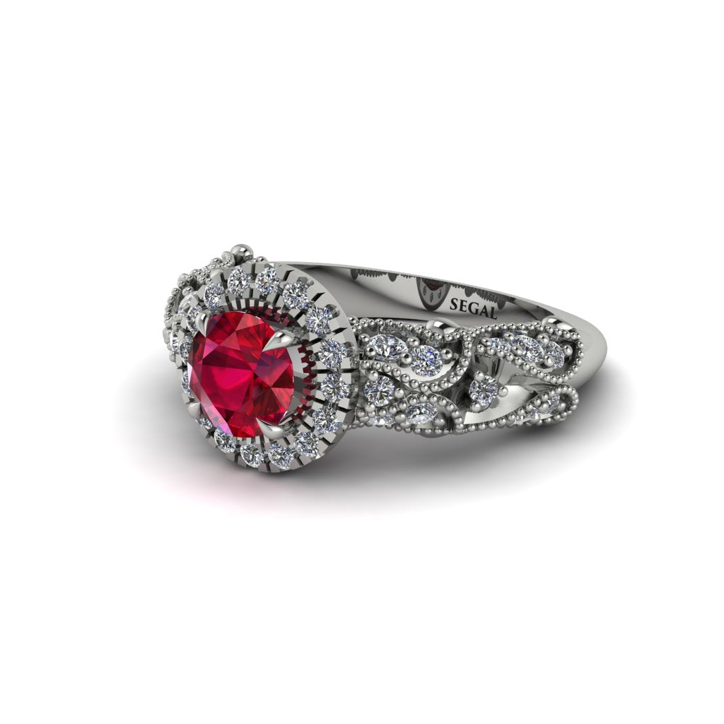 Exclusive Halo Ruby Milgrain Engagement Ring - Kendra No. 12