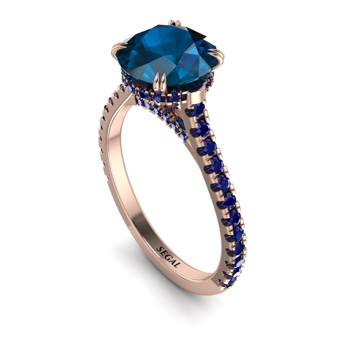 Hidden Diamond Double Cat Claw Prongs Blue Topaz Ring - Hazel No. 514