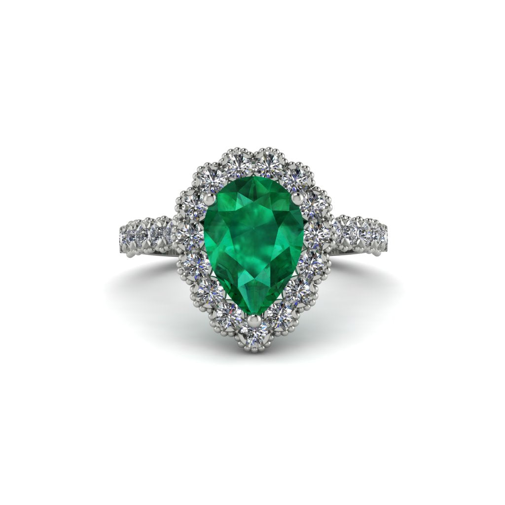 Halo Pear Emerald Pave Engagement Ring - Ingrid No. 6