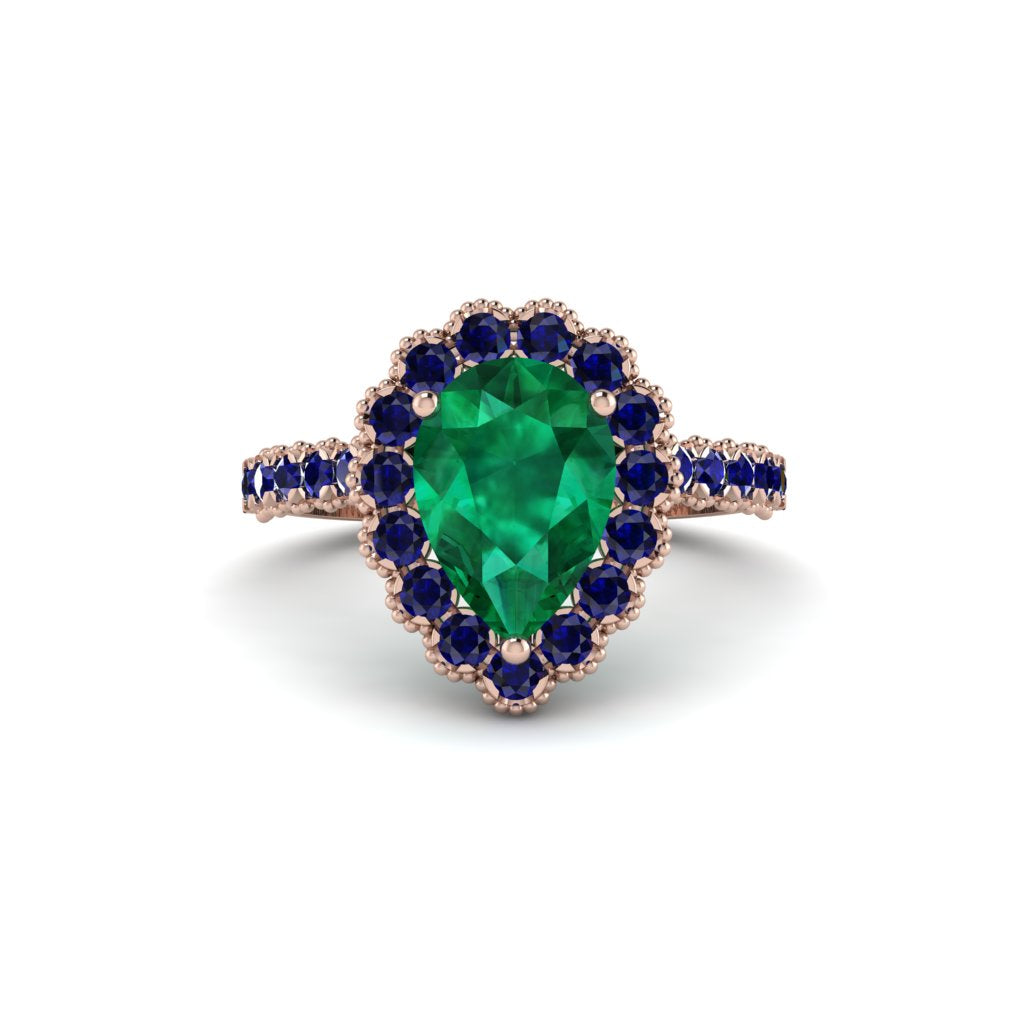 Halo Pear Emerald Pave Engagement Ring - Ingrid No. 65