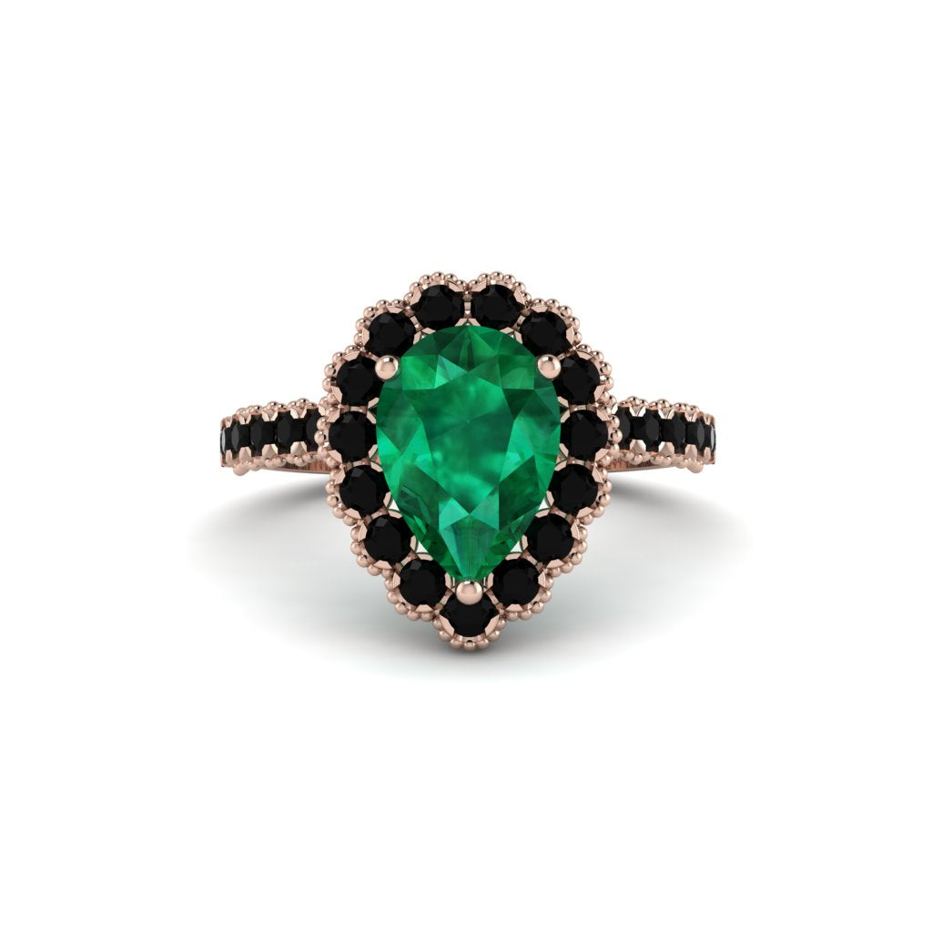 Halo Pear Emerald Pave Engagement Ring - Ingrid No. 35