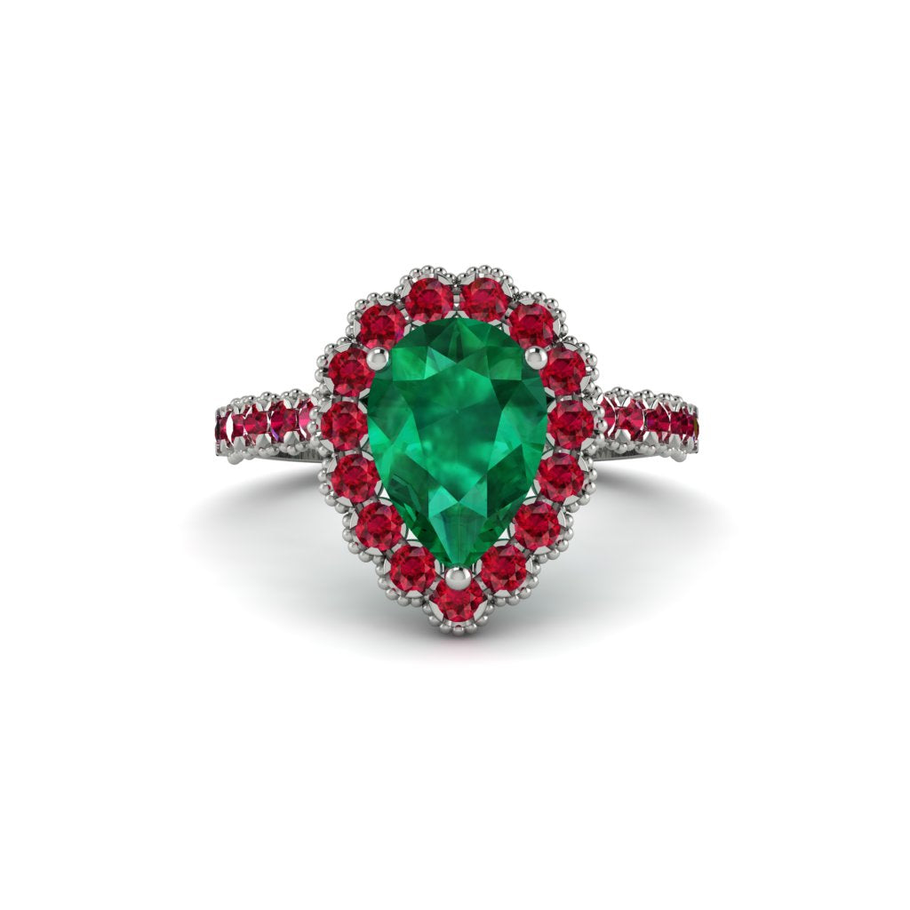 Halo Pear Emerald Pave Engagement Ring - Ingrid No. 51