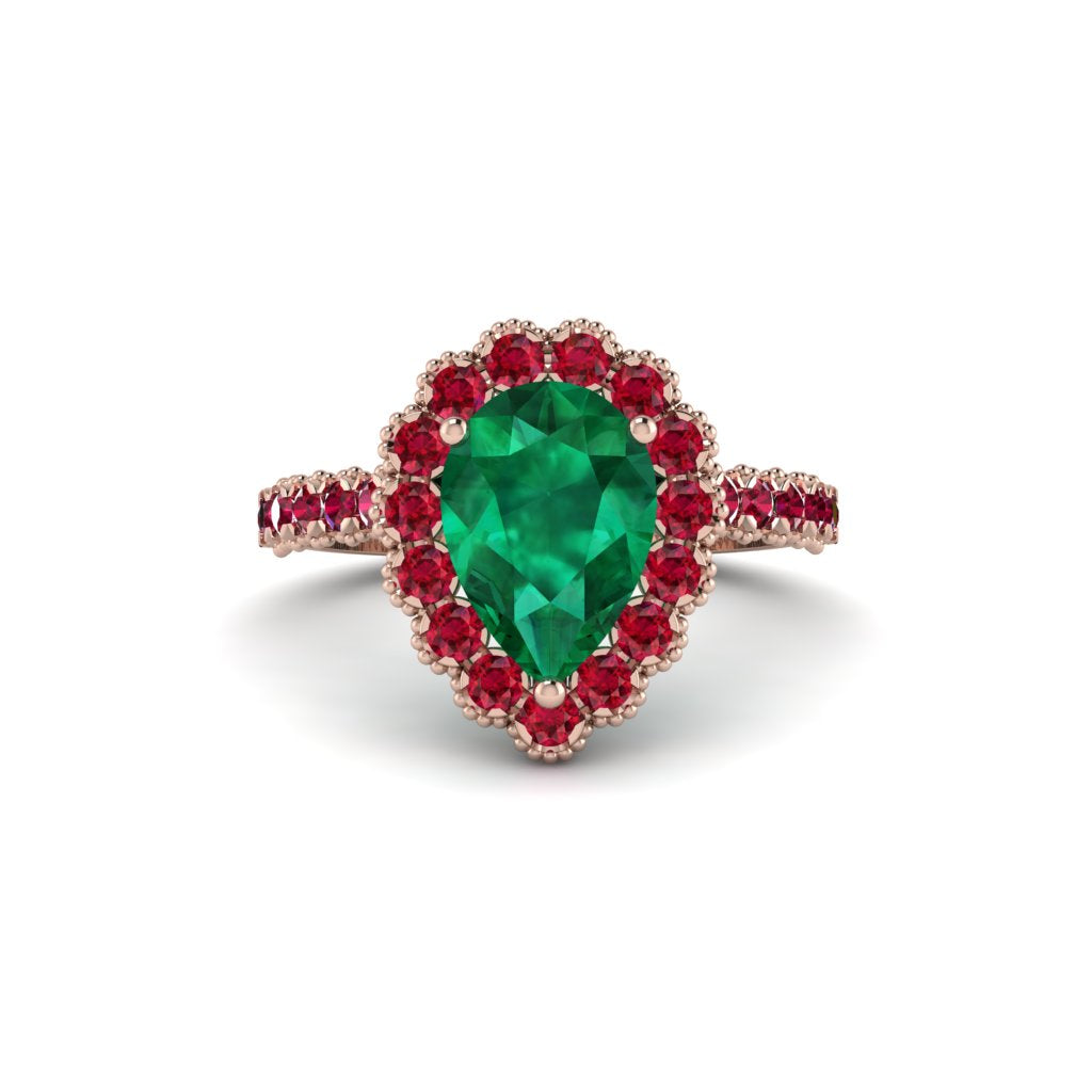 Halo Pear Emerald Pave Engagement Ring - Ingrid No. 50