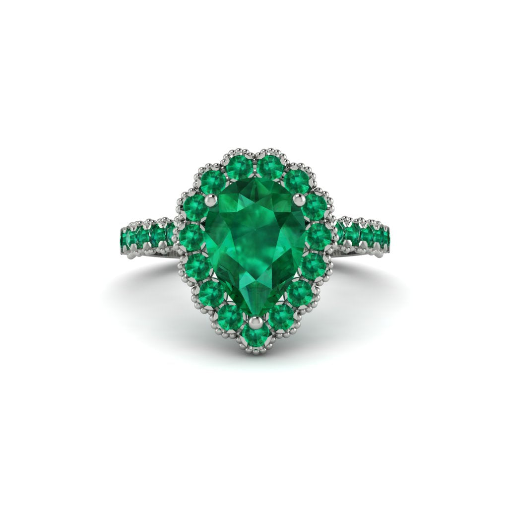 Halo Pear Emerald Pave Engagement Ring - Ingrid No. 21