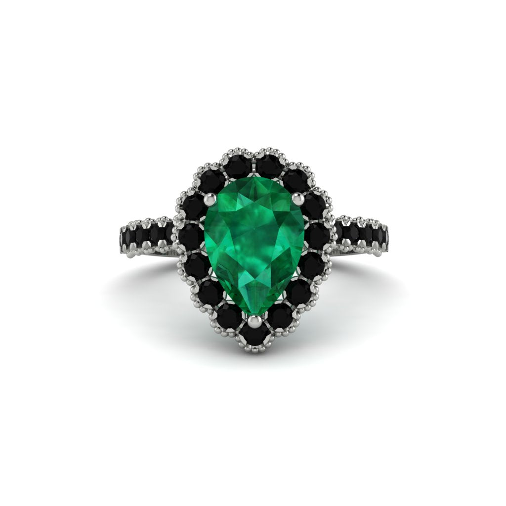 Halo Pear Emerald Pave Engagement Ring - Ingrid No. 36