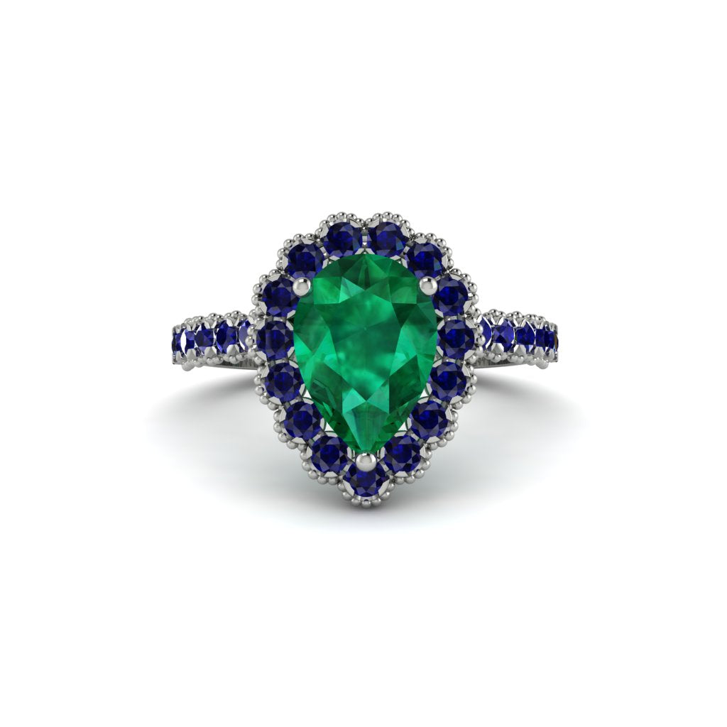 Halo Pear Emerald Pave Engagement Ring - Ingrid No. 66