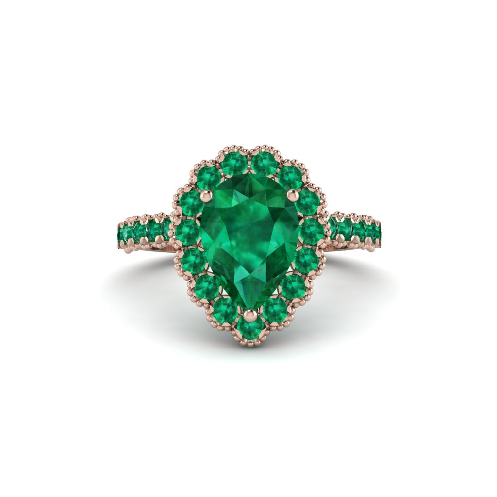 Halo Pear Emerald Pave Engagement Ring - Ingrid No. 20