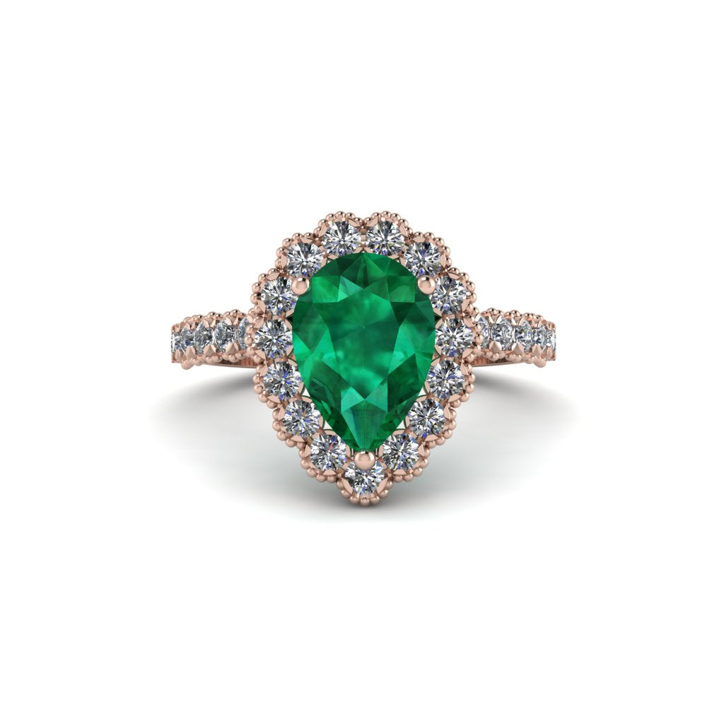 Halo Pear Emerald Pave Engagement Ring - Ingrid No. 5