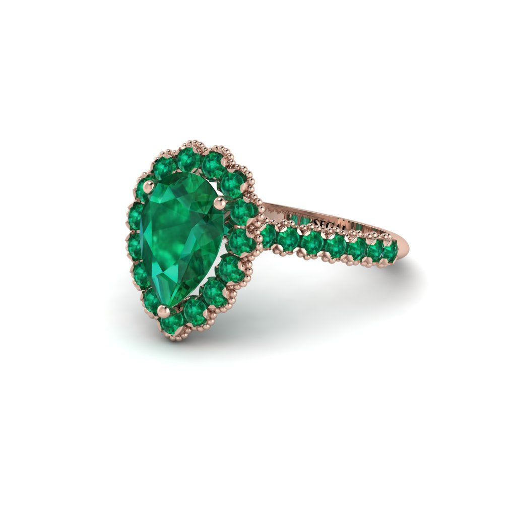 Halo Pear Emerald Pave Engagement Ring - Ingrid No. 20