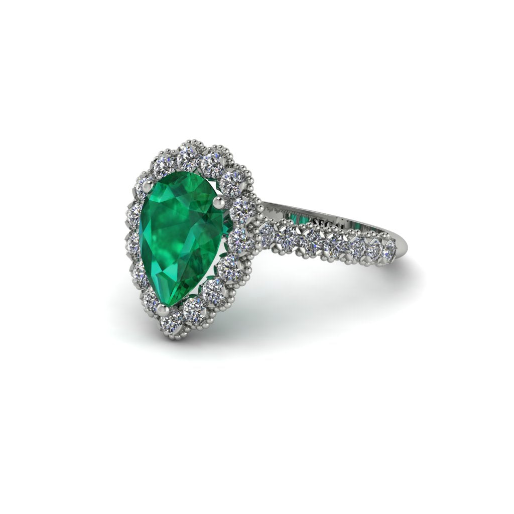 Halo Pear Emerald Pave Engagement Ring - Ingrid No. 6