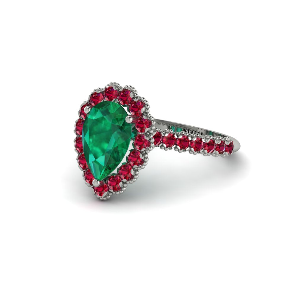 Halo Pear Emerald Pave Engagement Ring - Ingrid No. 51
