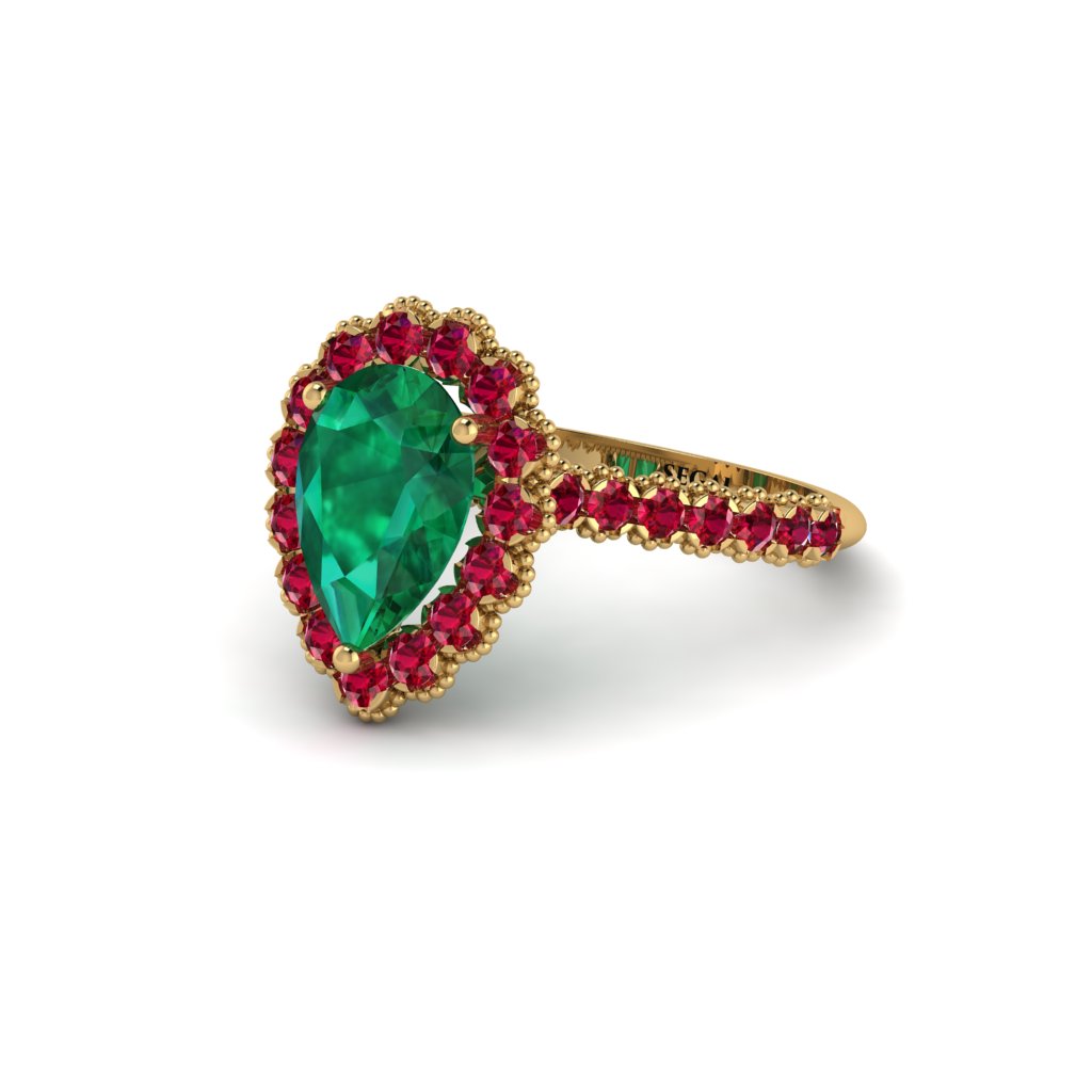 Halo Pear Emerald Pave Engagement Ring - Ingrid No. 49