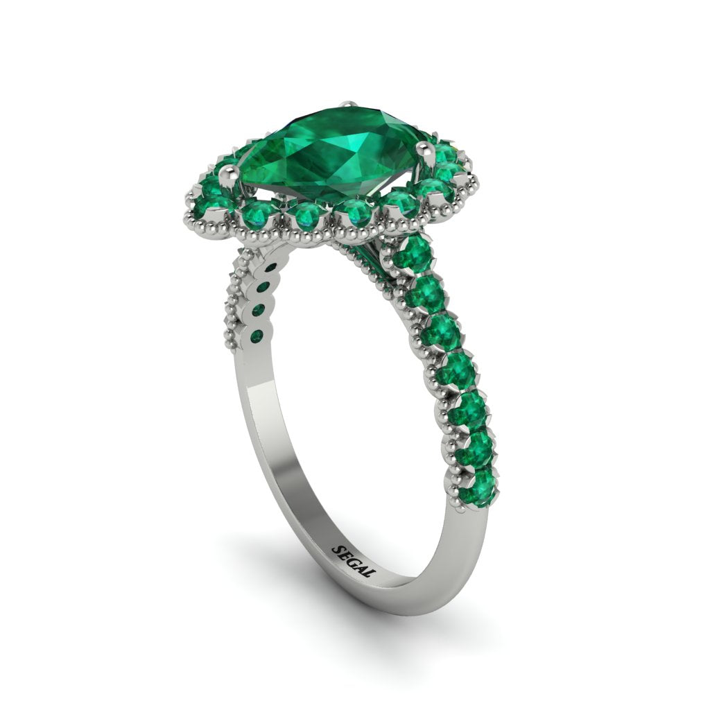 Halo Pear Emerald Pave Engagement Ring - Ingrid No. 21