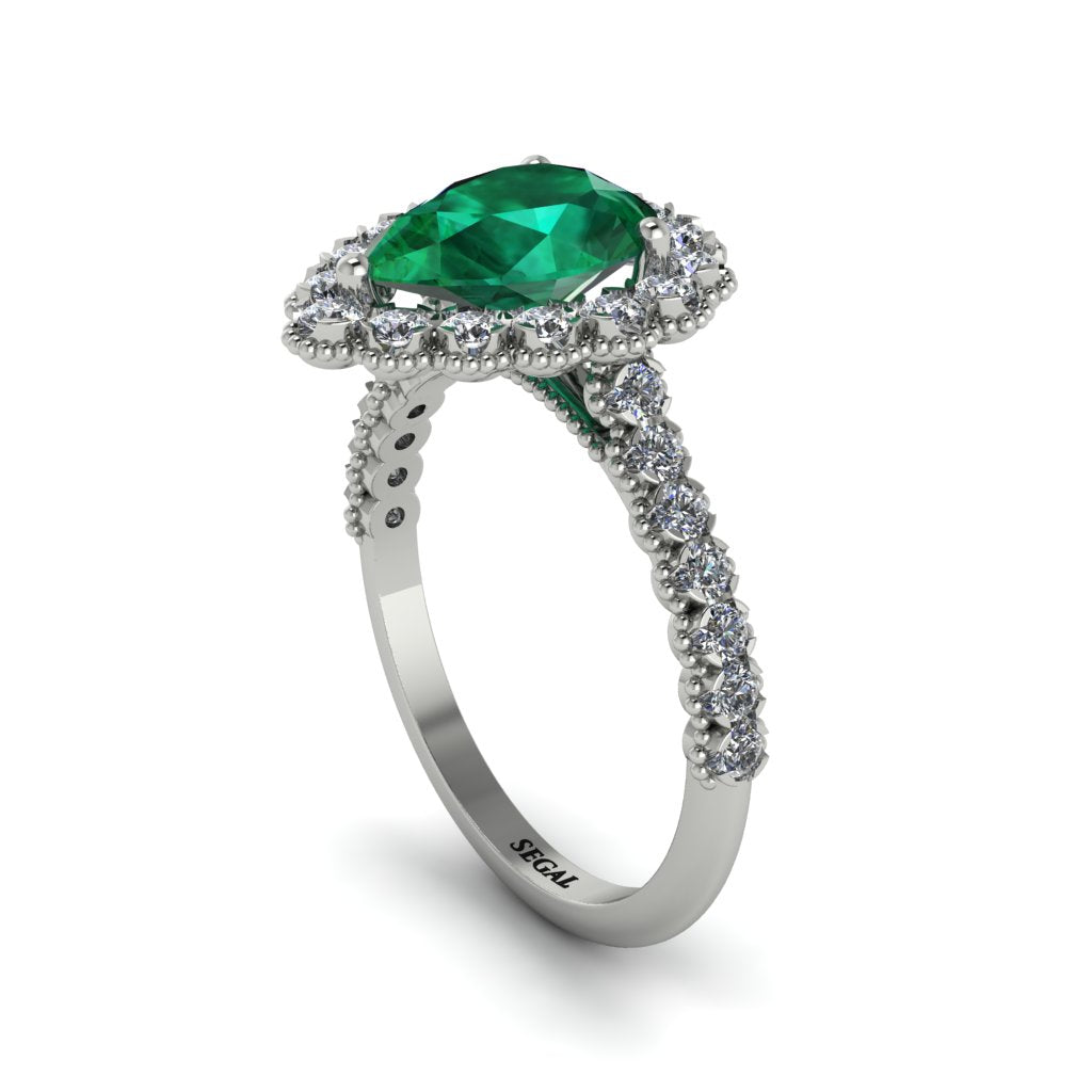 Halo Pear Emerald Pave Engagement Ring - Ingrid No. 6