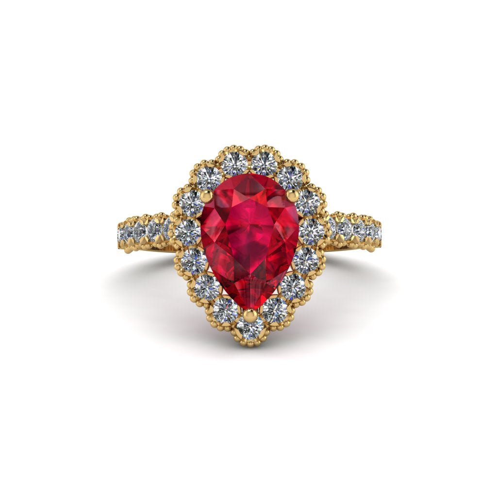 Halo Pear Ruby Pave Engagement Ring - Ingrid No. 10