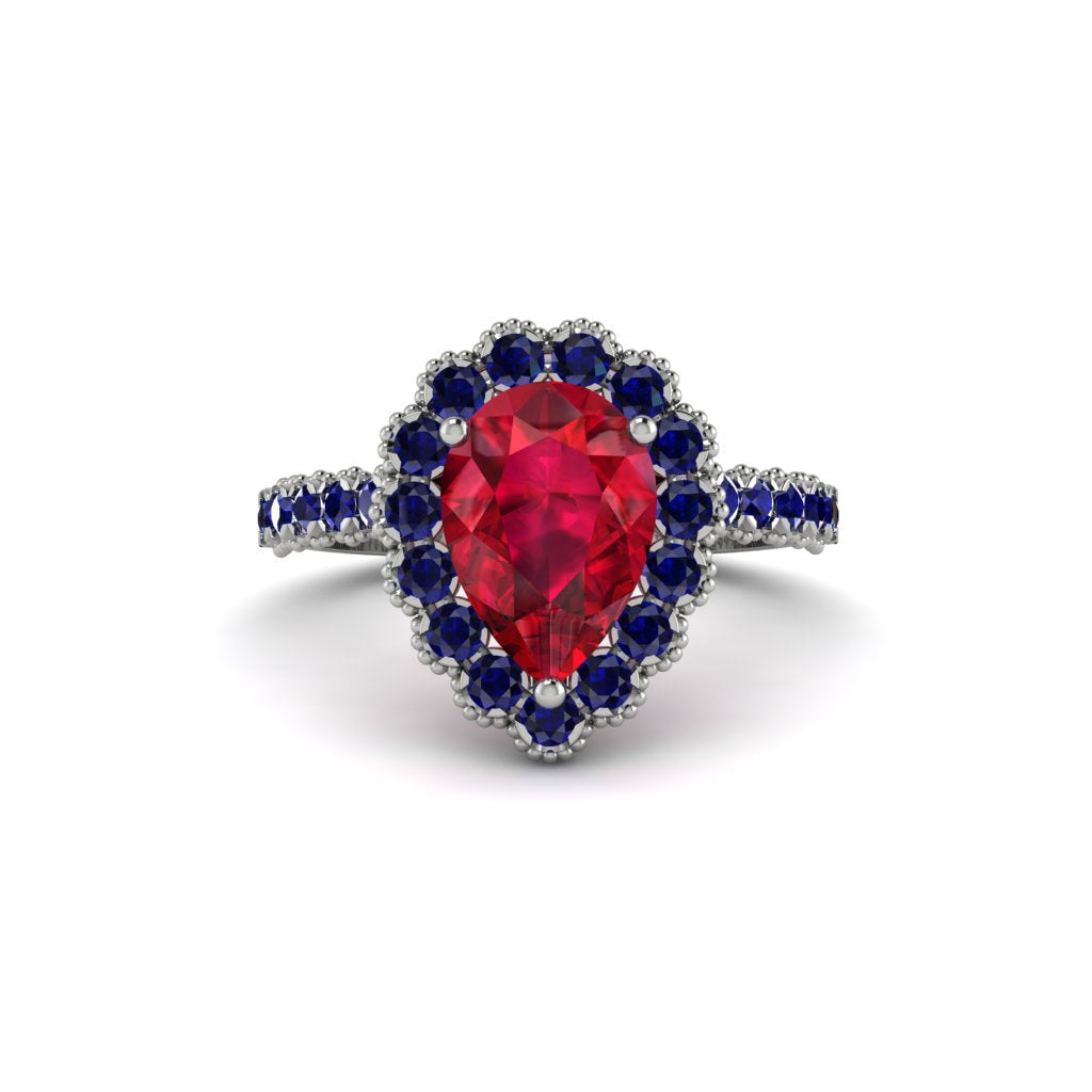 Halo Pear Ruby Pave Engagement Ring - Ingrid No. 72