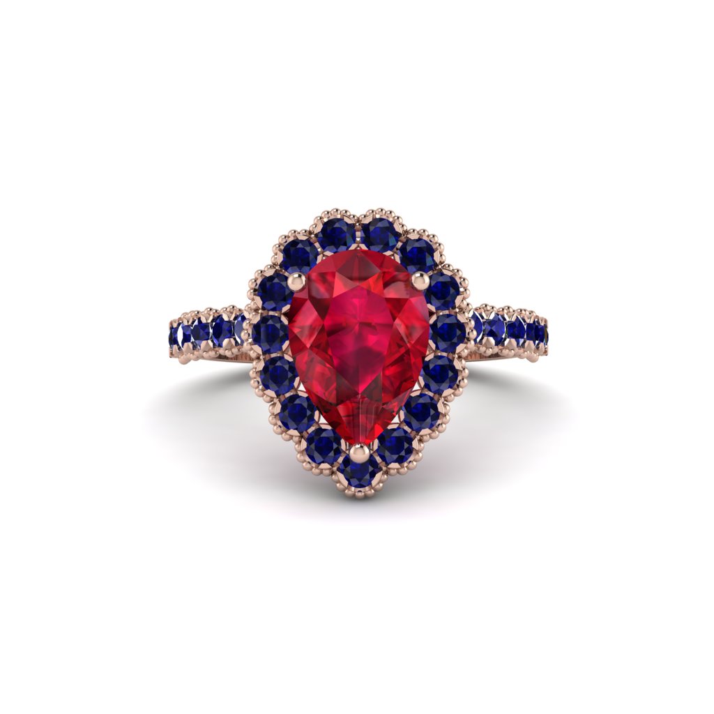 Halo Pear Ruby Pave Engagement Ring - Ingrid No. 71