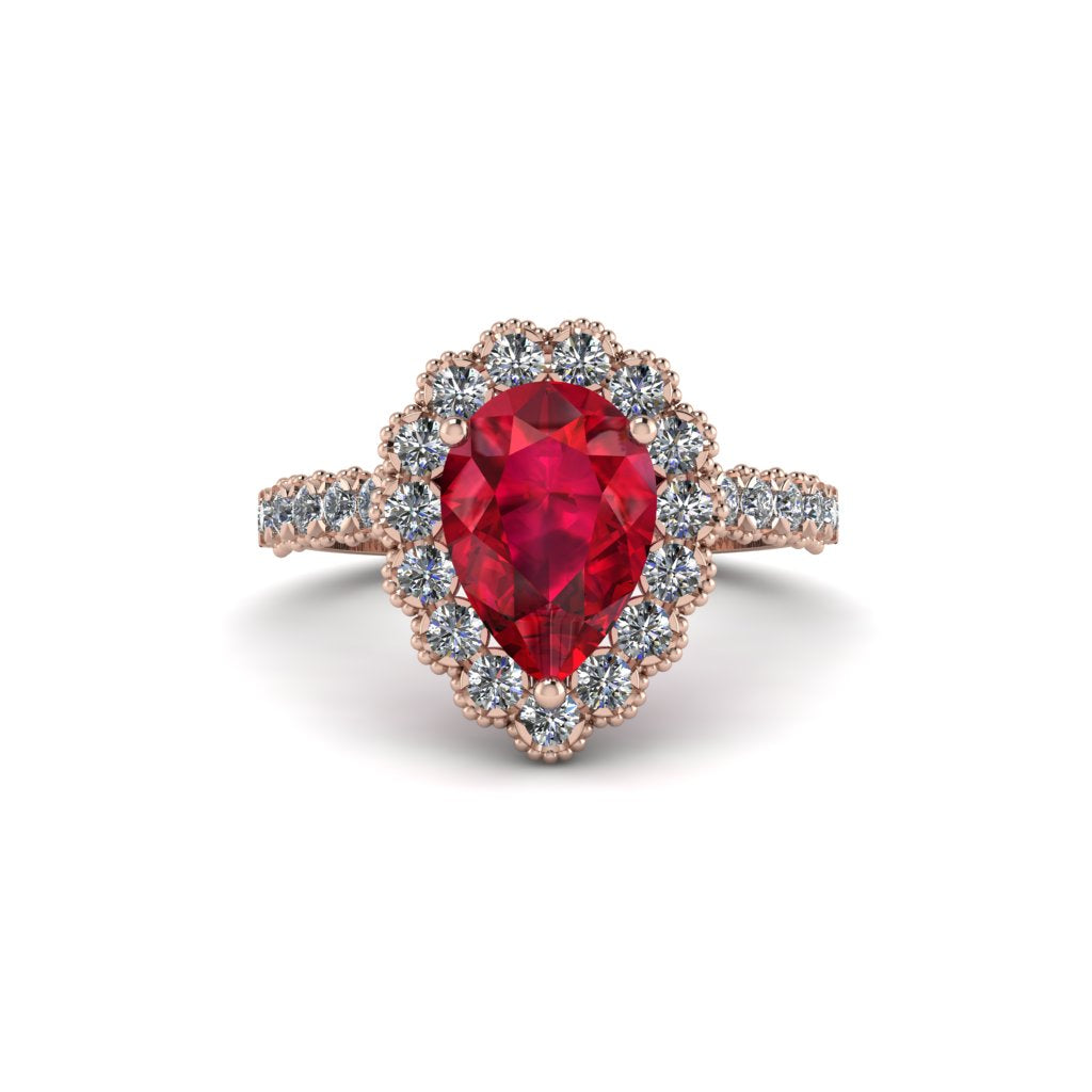 Halo Pear Ruby Pave Engagement Ring - Ingrid No. 11