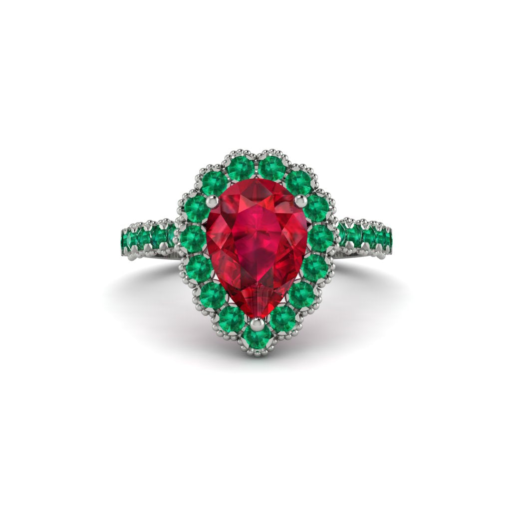 Halo Pear Ruby Pave Engagement Ring - Ingrid No. 27