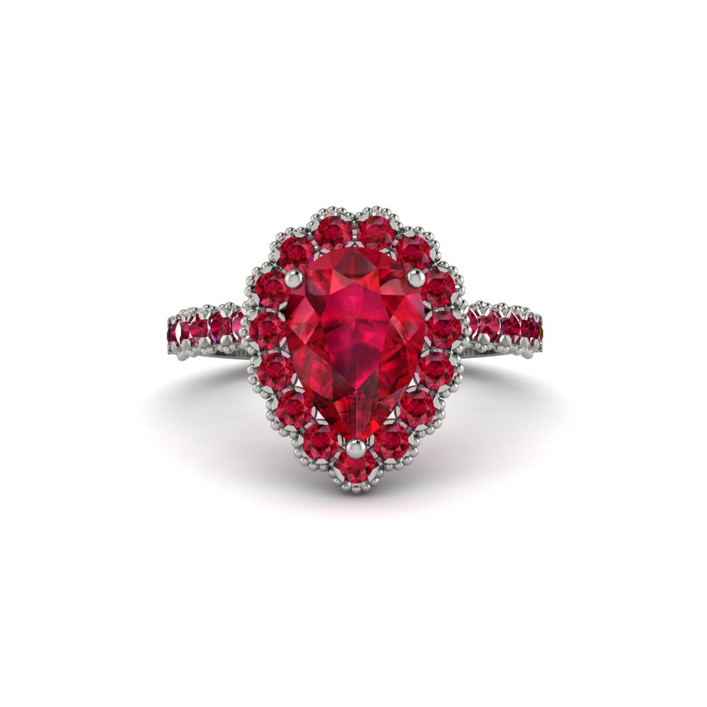 Halo Pear Ruby Pave Engagement Ring - Ingrid No. 57