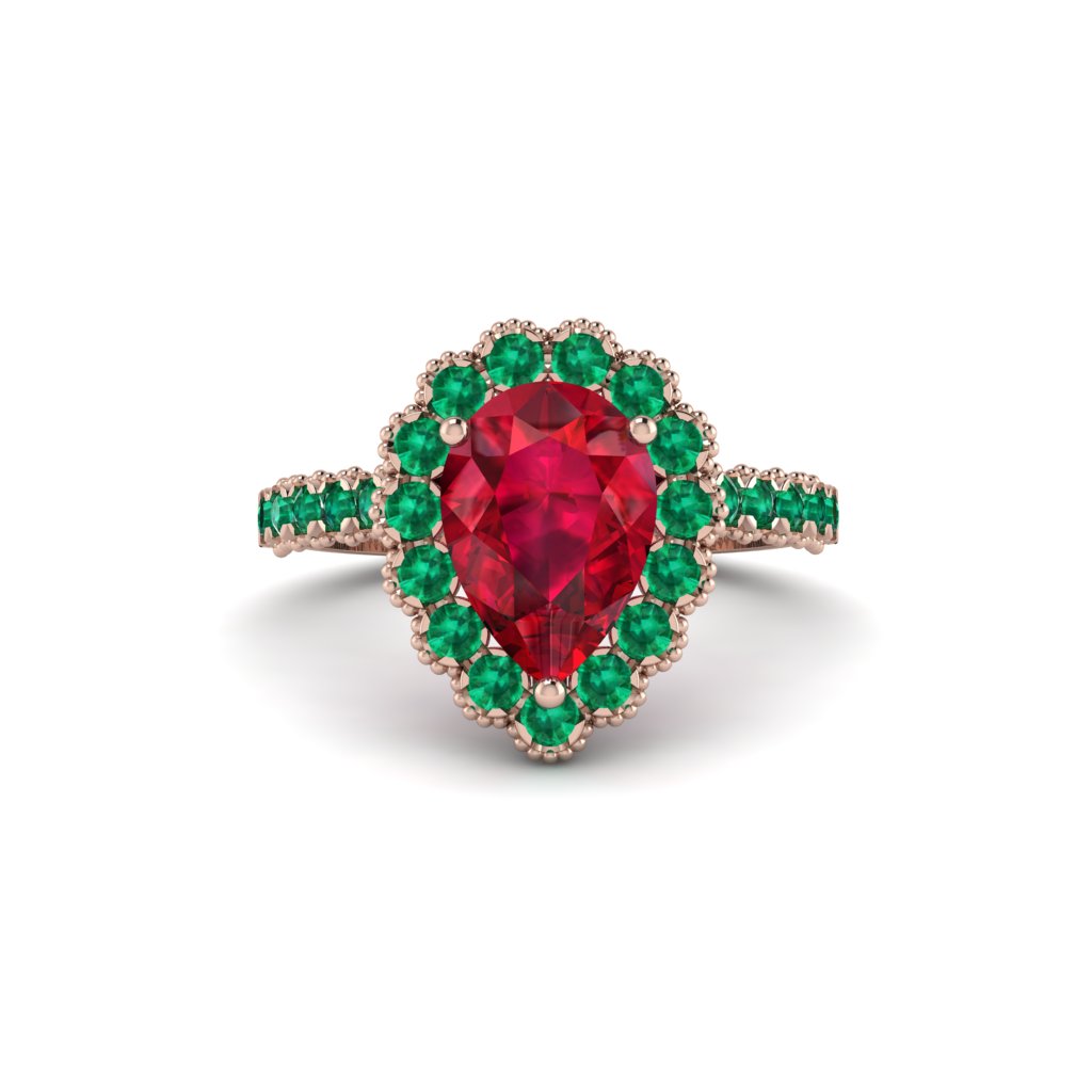 Halo Pear Ruby Pave Engagement Ring - Ingrid No. 26