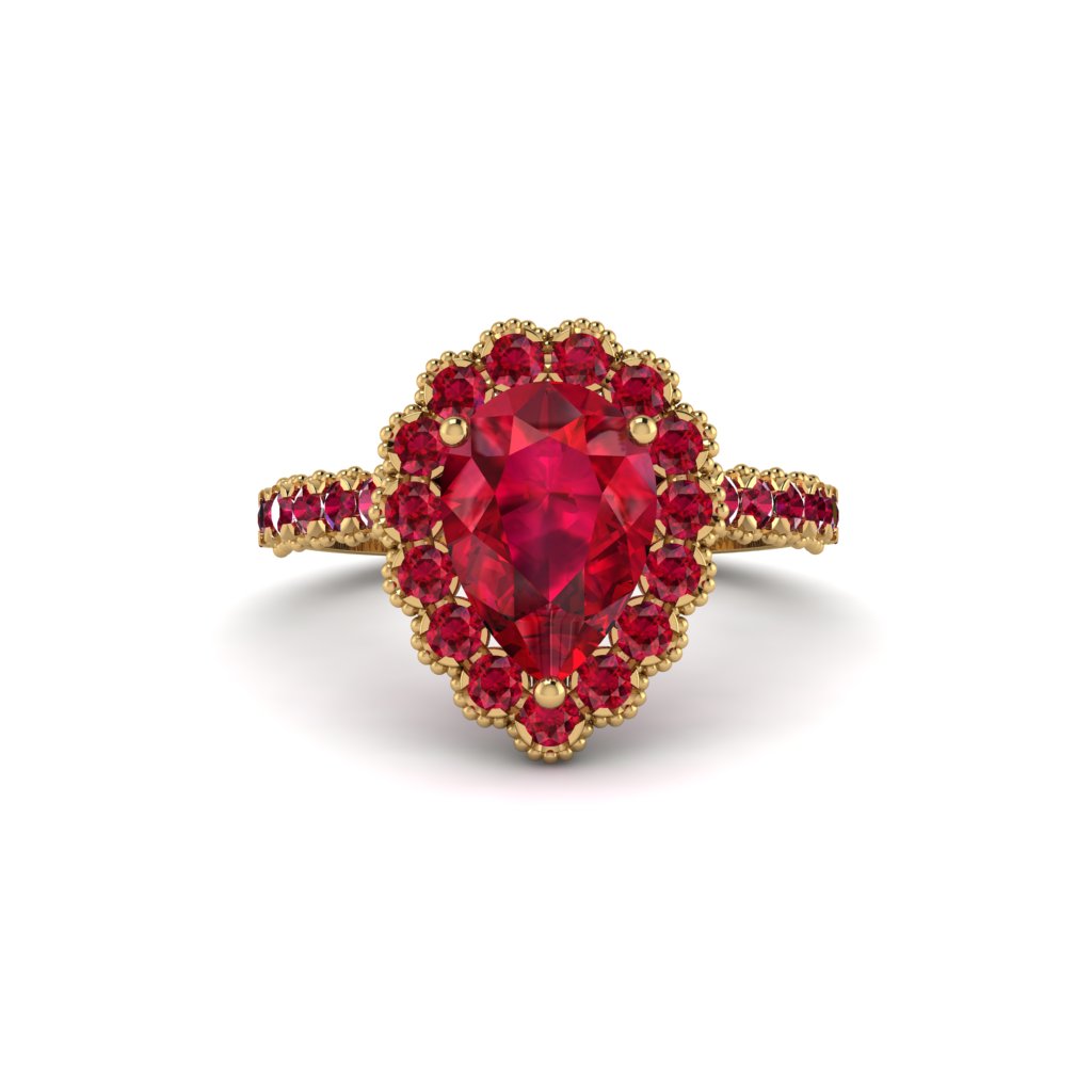 Halo Pear Ruby Pave Engagement Ring - Ingrid No. 55