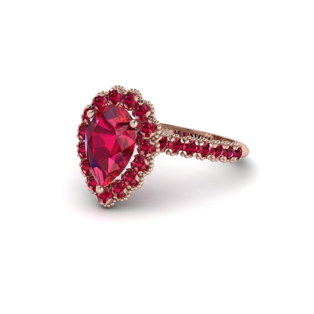 Halo Pear Ruby Pave Engagement Ring - Ingrid No. 56