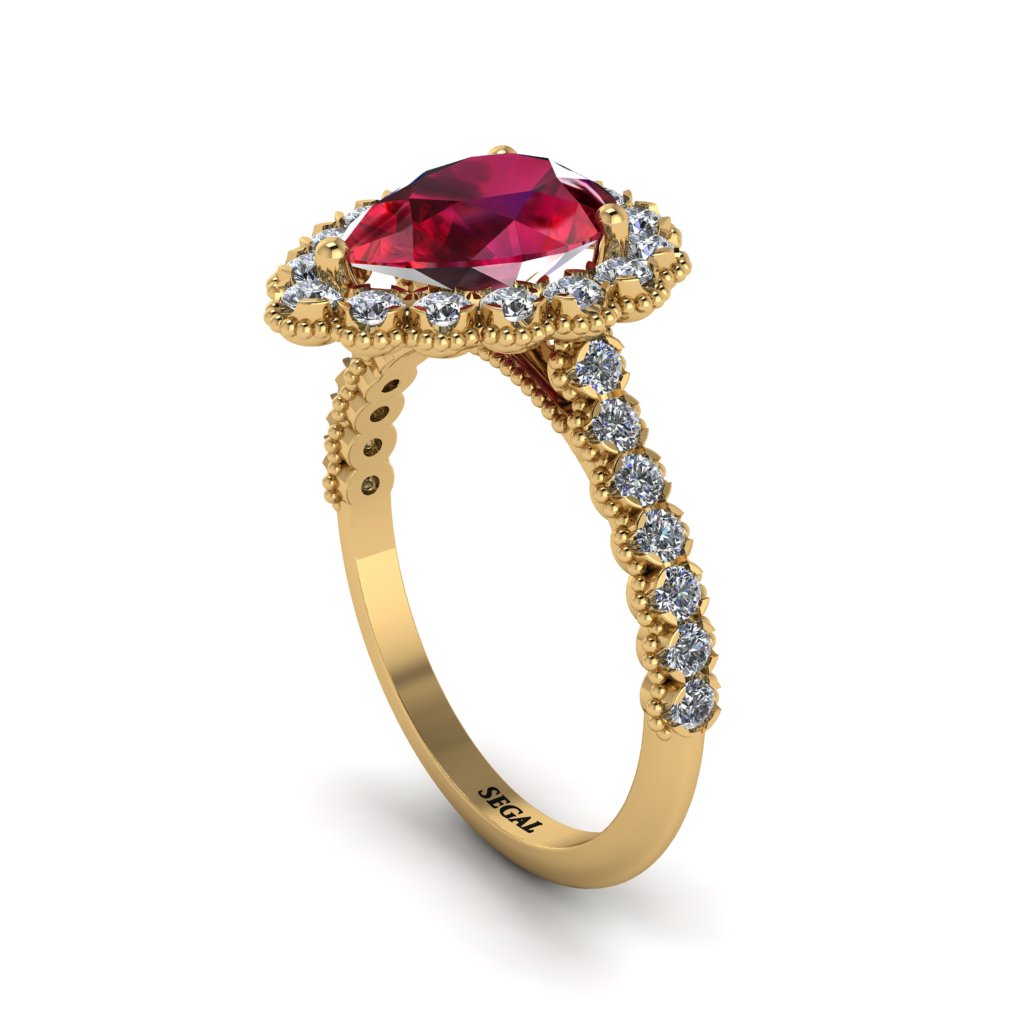 Halo Pear Ruby Pave Engagement Ring - Ingrid No. 10