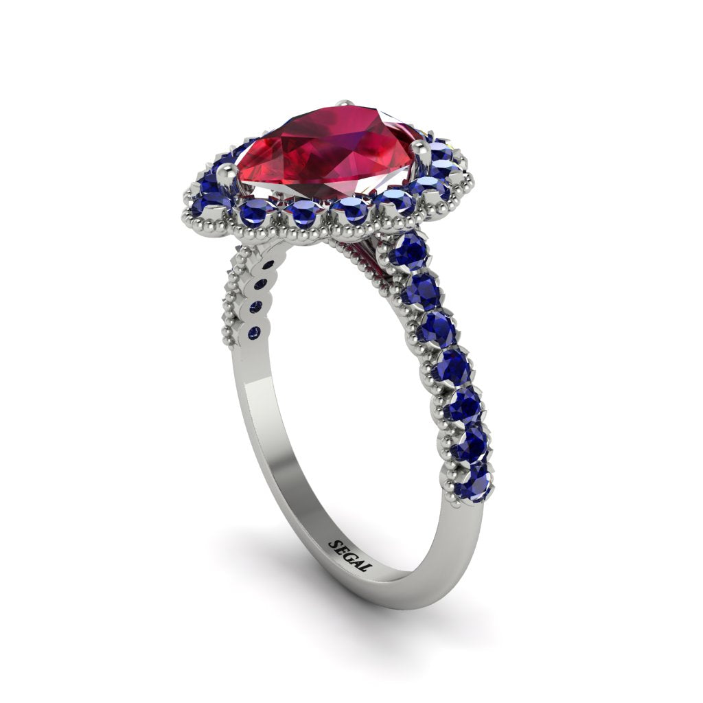 Halo Pear Ruby Pave Engagement Ring - Ingrid No. 72