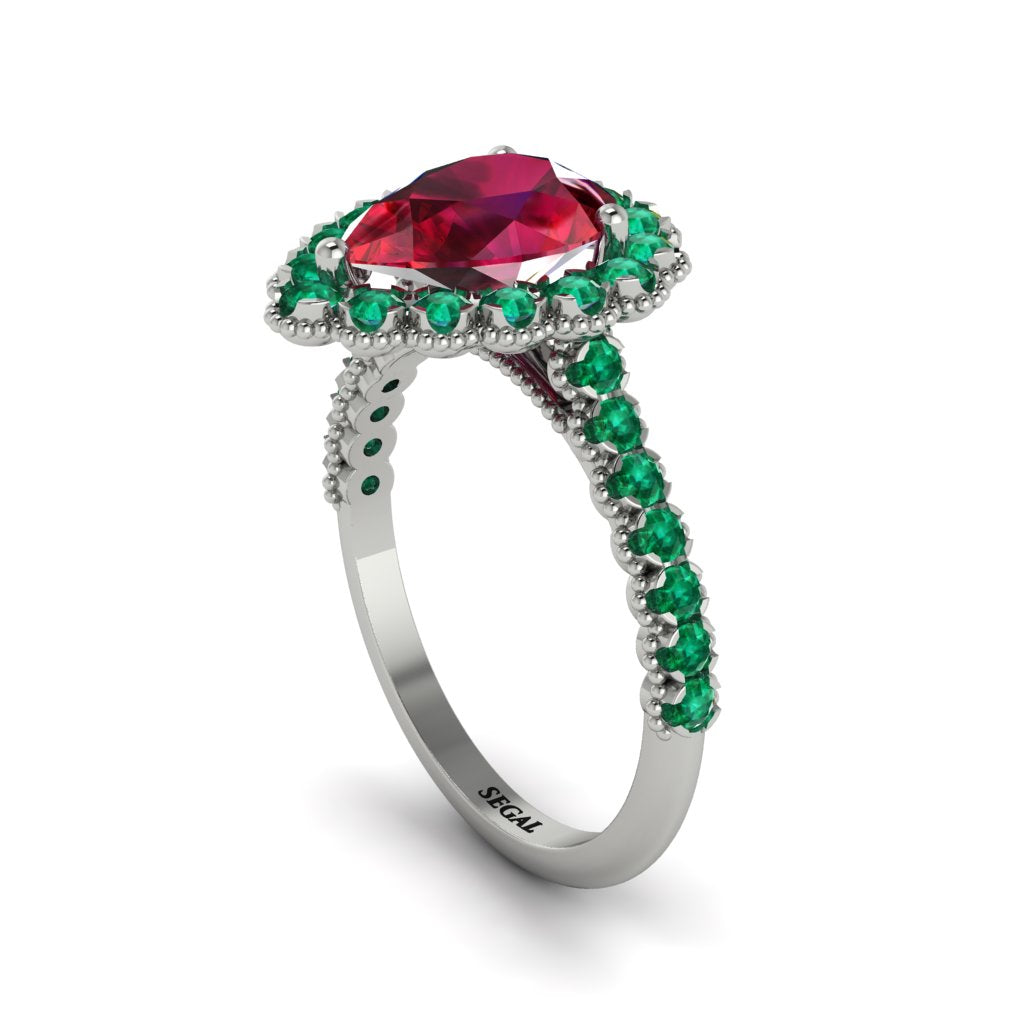 Halo Pear Ruby Pave Engagement Ring - Ingrid No. 27