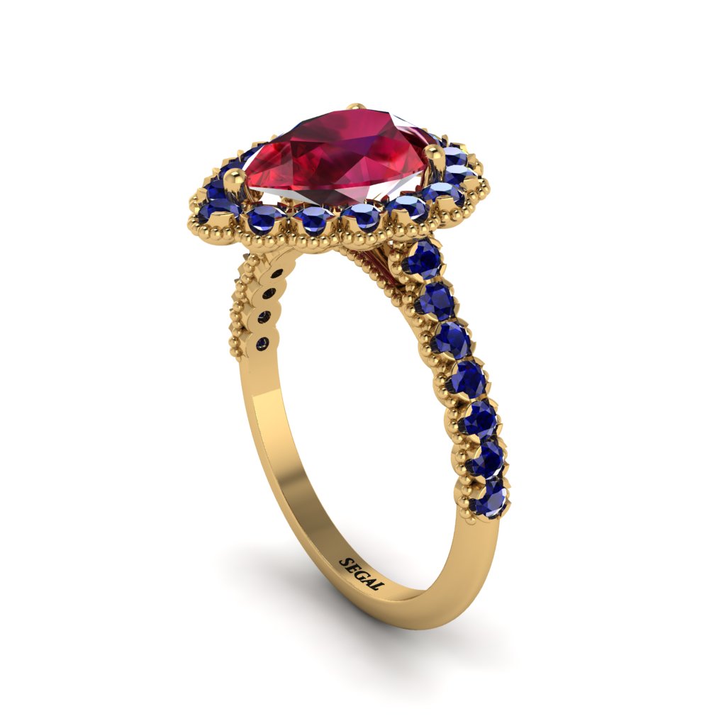 Halo Pear Ruby Pave Engagement Ring - Ingrid No. 70