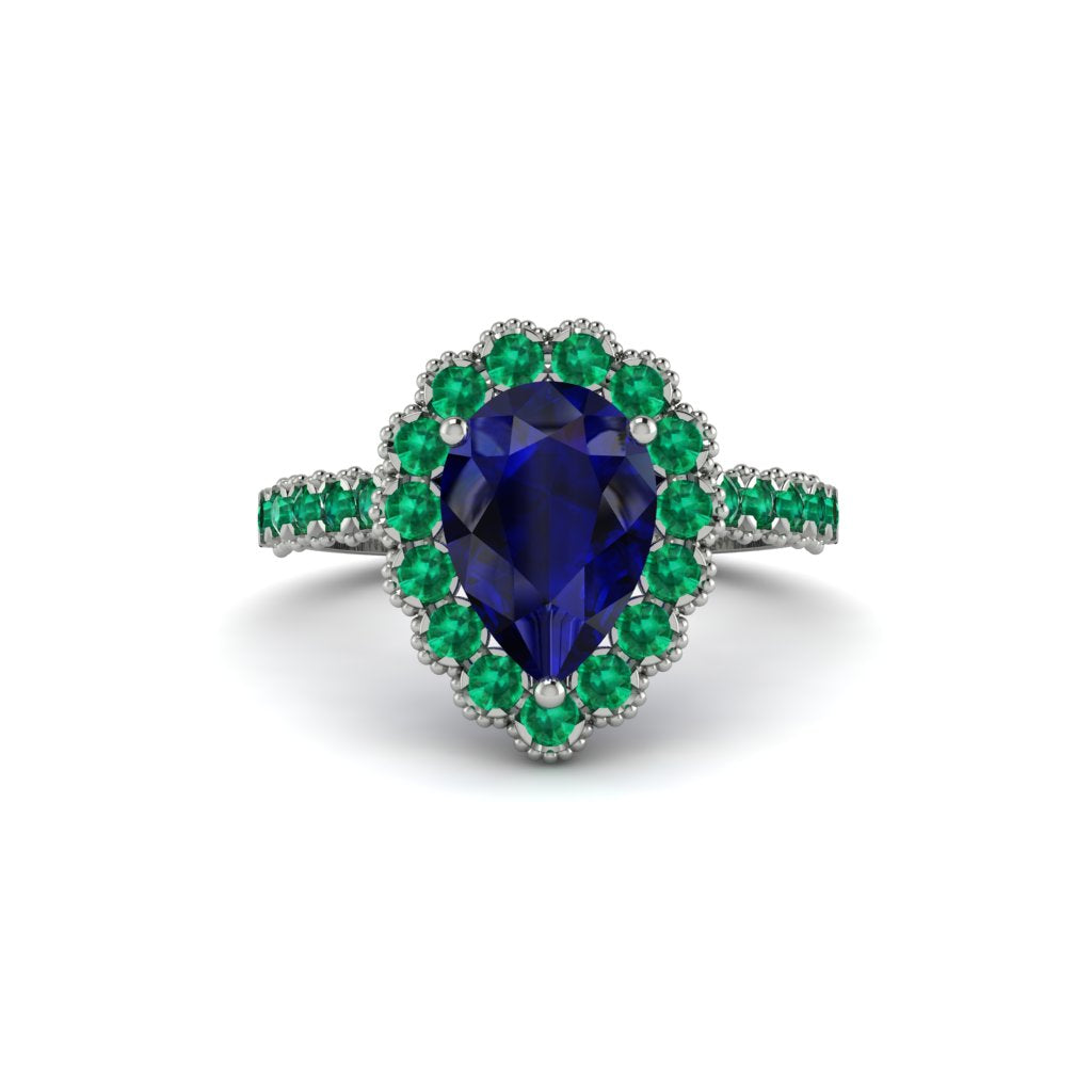 Halo Pear Sapphire Pave Engagement Ring - Ingrid No. 30