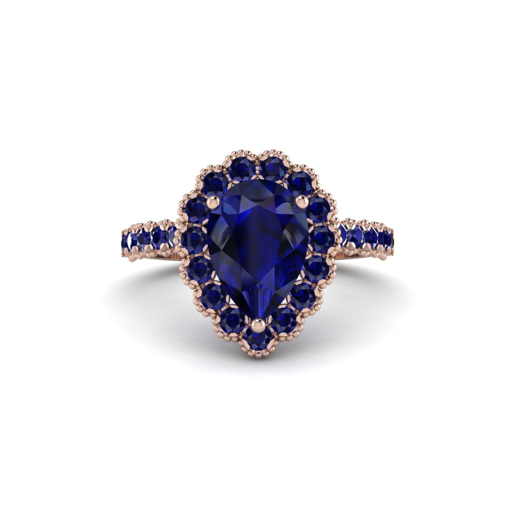 Halo Pear Sapphire Pave Engagement Ring - Ingrid No. 74