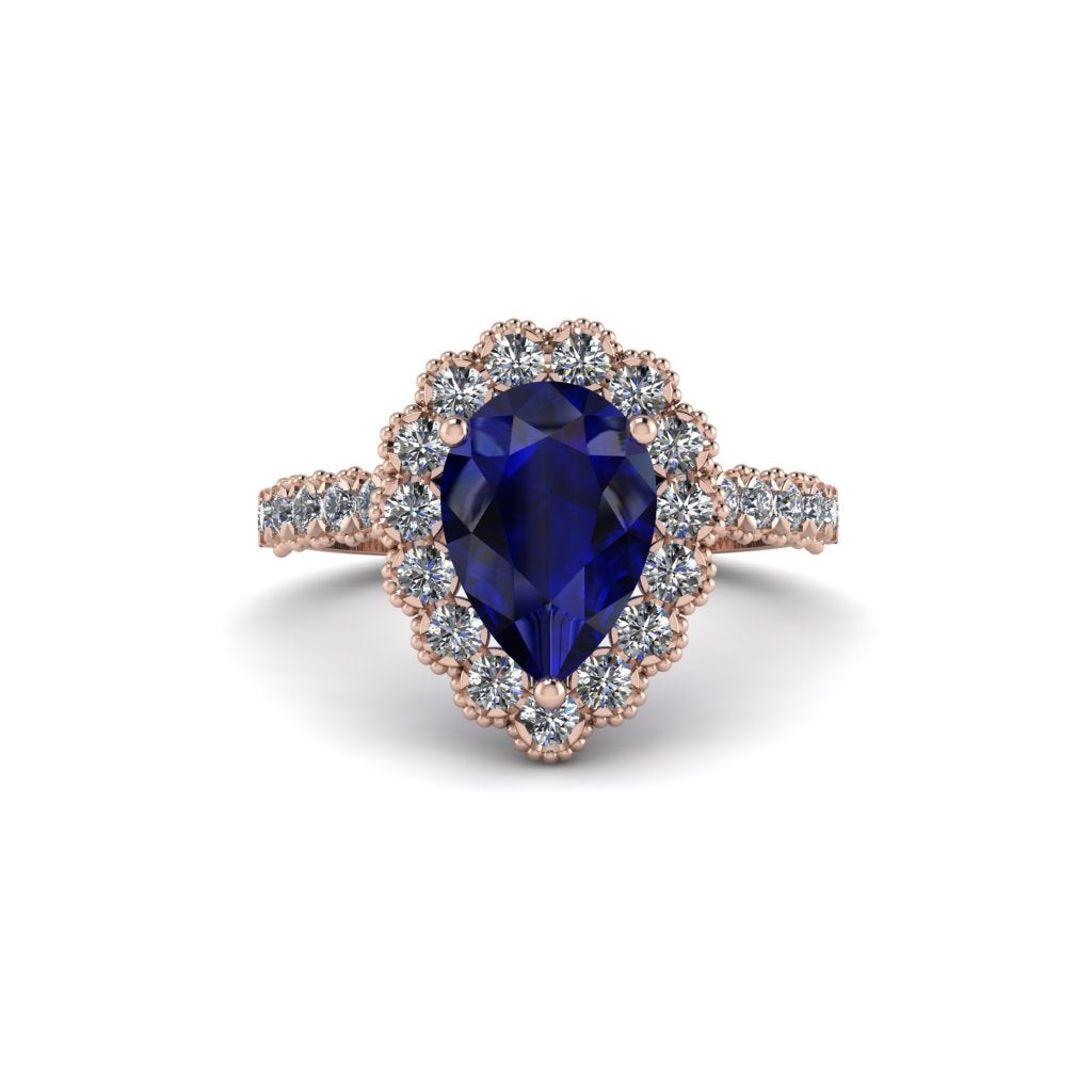 Halo Pear Sapphire Pave Engagement Ring - Ingrid No. 14
