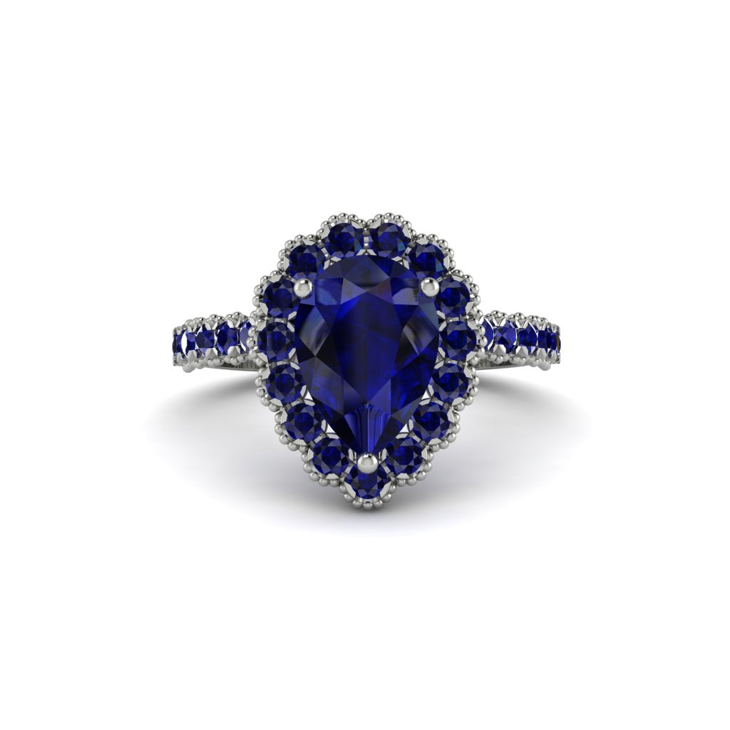 Halo Pear Sapphire Pave Engagement Ring - Ingrid No. 75