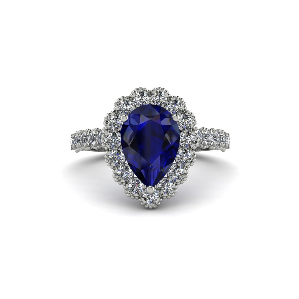 Halo Pear Sapphire Pave Engagement Ring - Ingrid No. 15