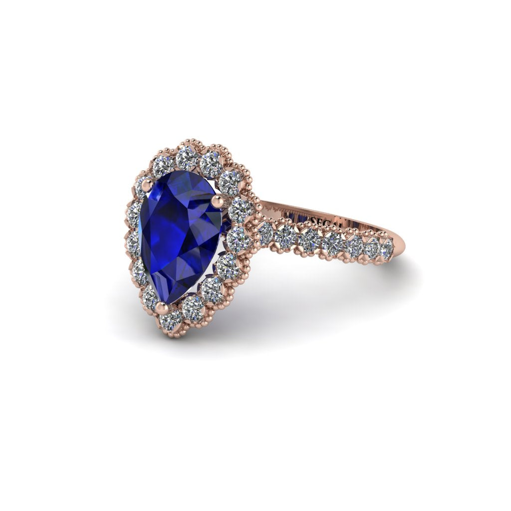 Halo Pear Sapphire Pave Engagement Ring - Ingrid No. 14
