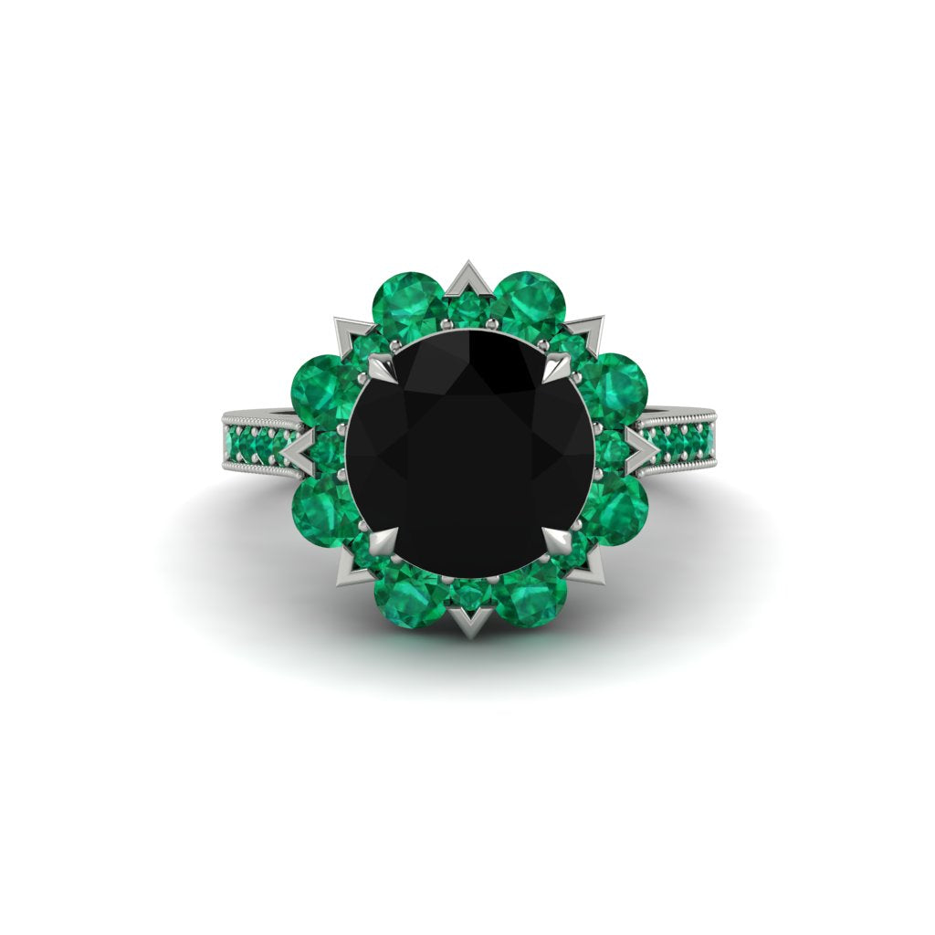 Black Diamond Halo Sunburst Engagement Ring - Winter No. 24