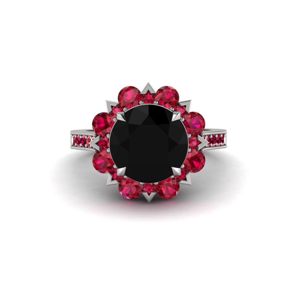 Black Diamond Halo Sunburst Engagement Ring - Winter No. 54