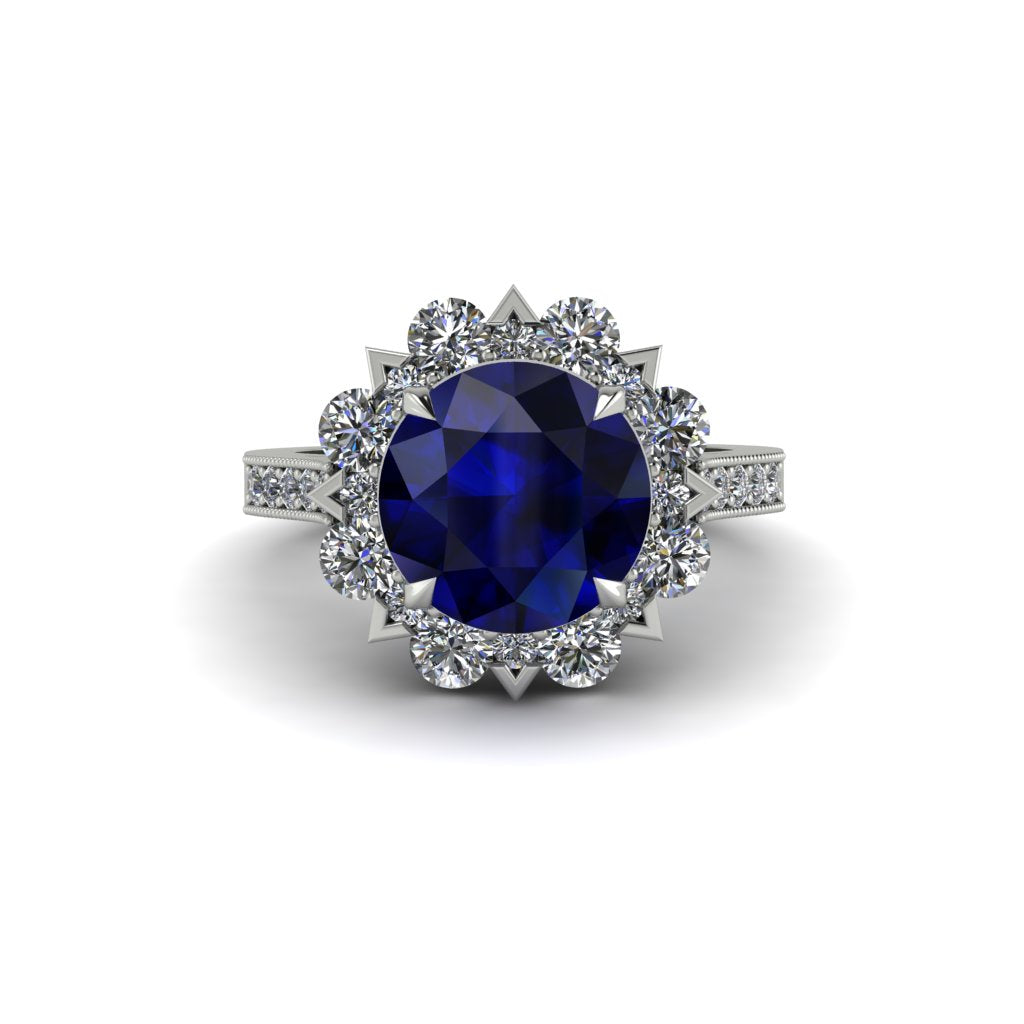 Sapphire Halo Sunburst Engagement Ring - Winter No. 15