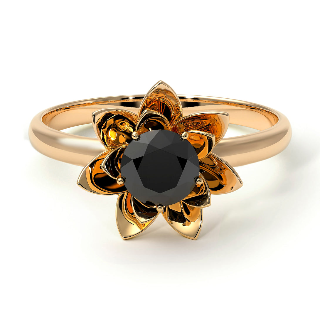 Lotus Flower Solitaire Black Diamond Ring - Lotus no. 7