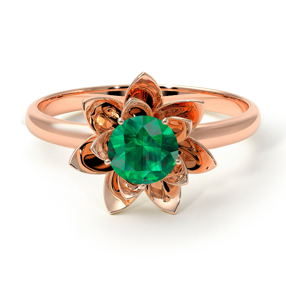 Lotus Flower Solitaire Emerald Ring - Lotus no. 5