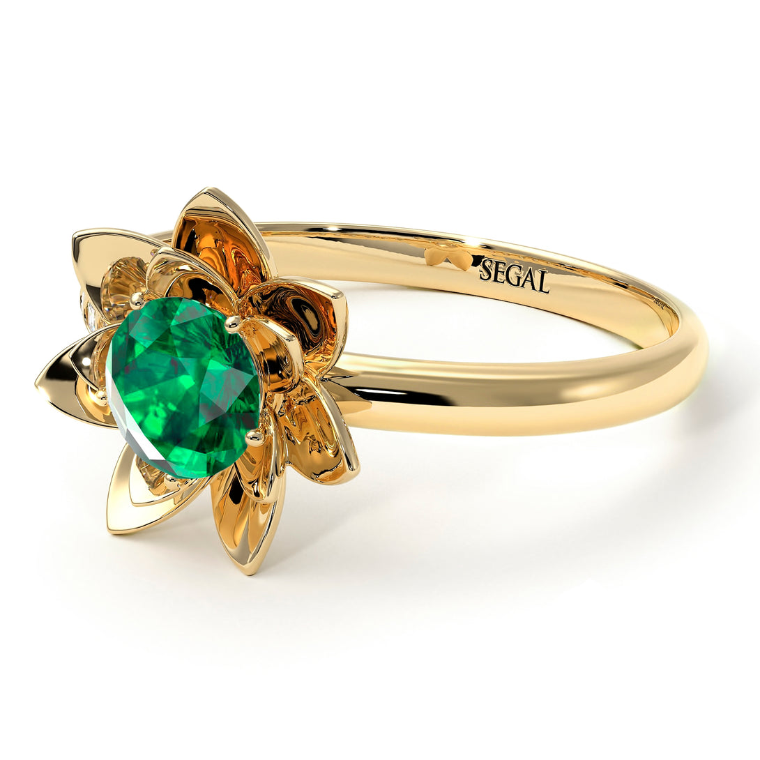 Lotus Flower Solitaire Emerald Ring - Lotus no. 4