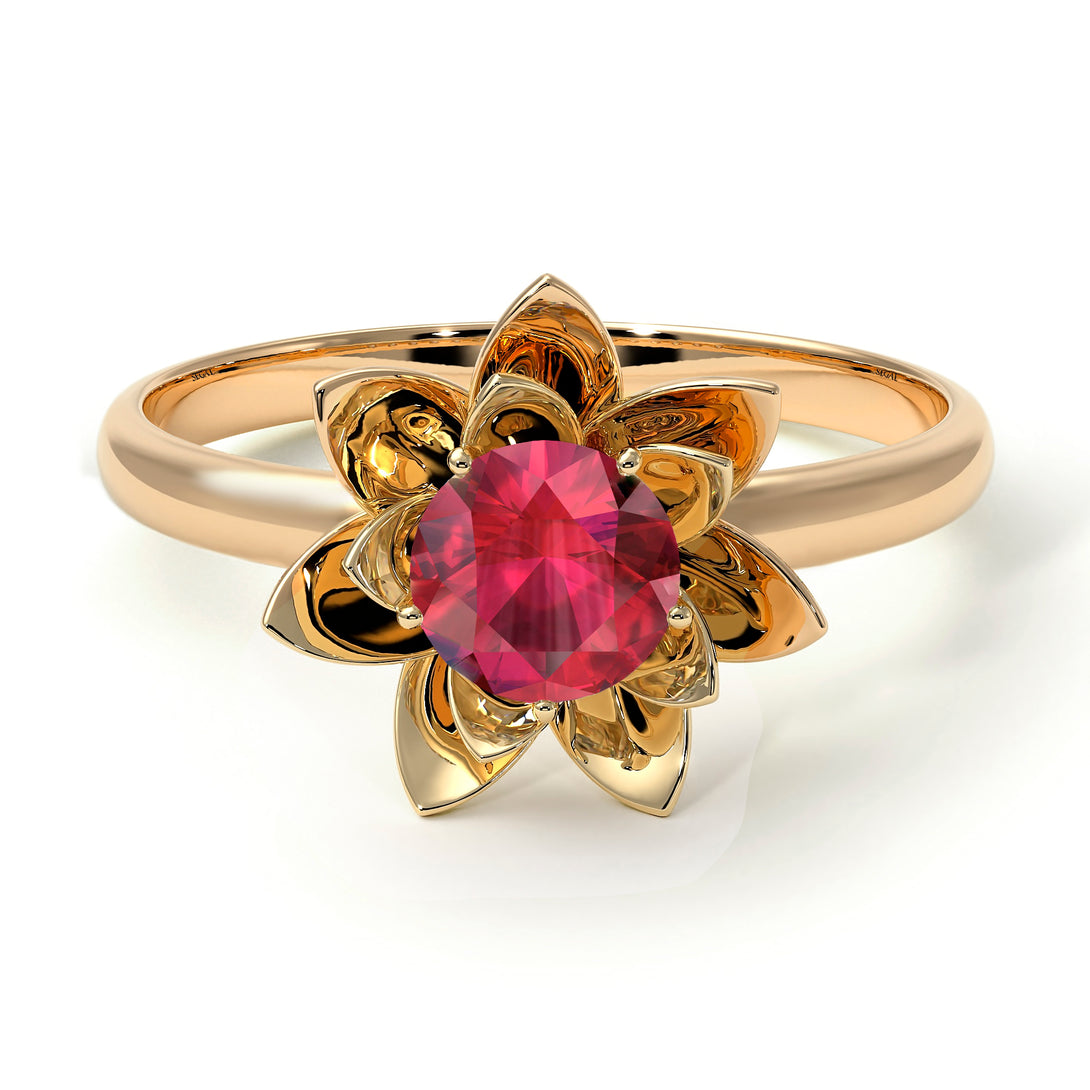 Lotus Flower Solitaire Ruby Ring - Lotus no. 10